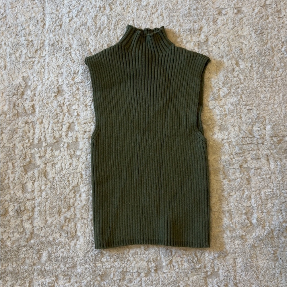 Zara Olive Green Sleeveless Turtleneck Ribbed Top